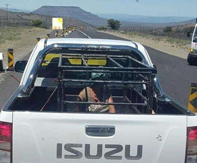Woman in cage on bakkie explains
